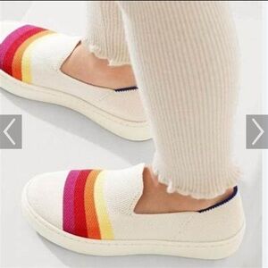 Rothy’s The Kid Sneakers size 10 white w/rainbow stripe slip on washable EUC